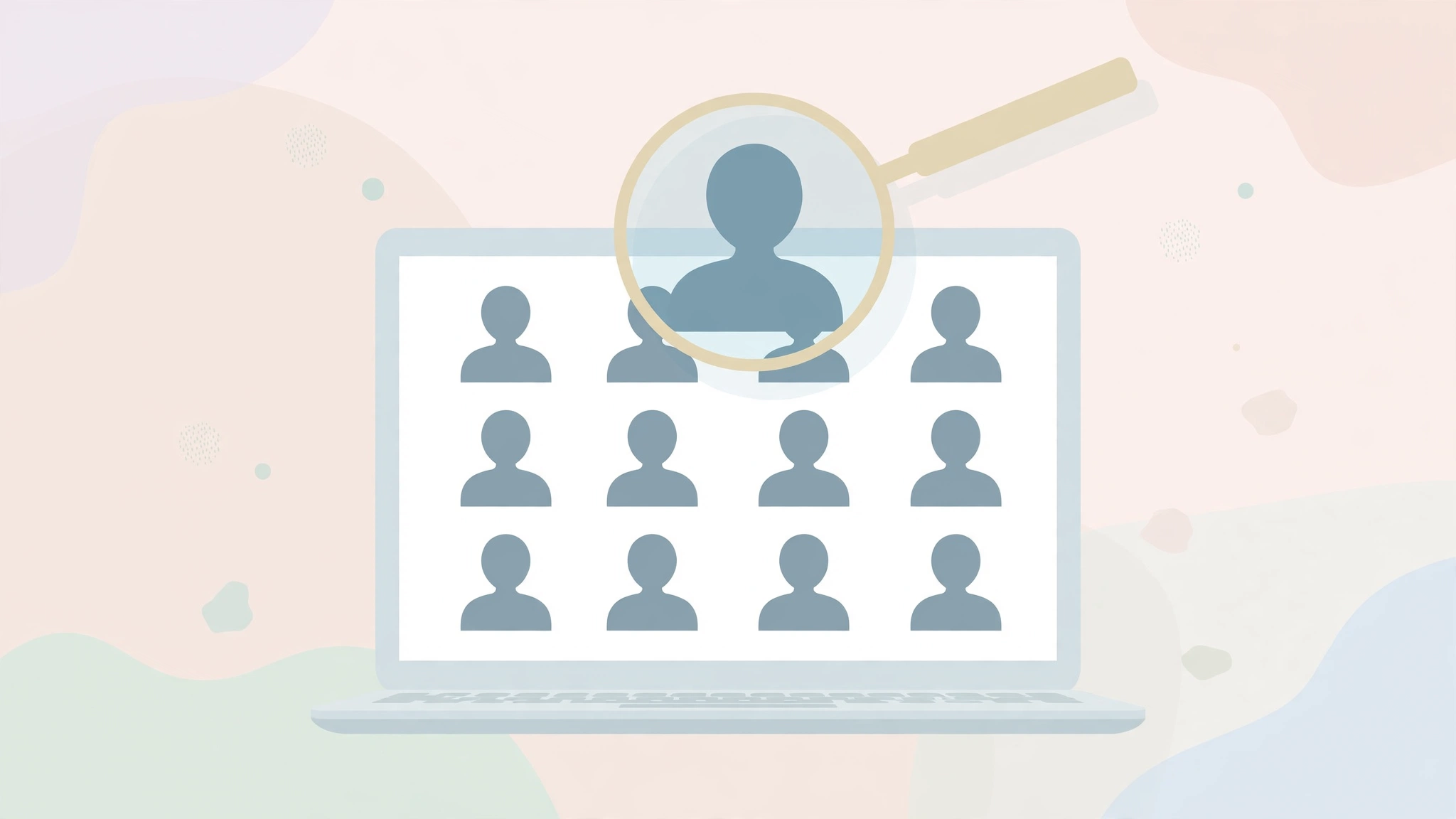 Laptop showing anonymous profile avatars with a magnifying glass over one.