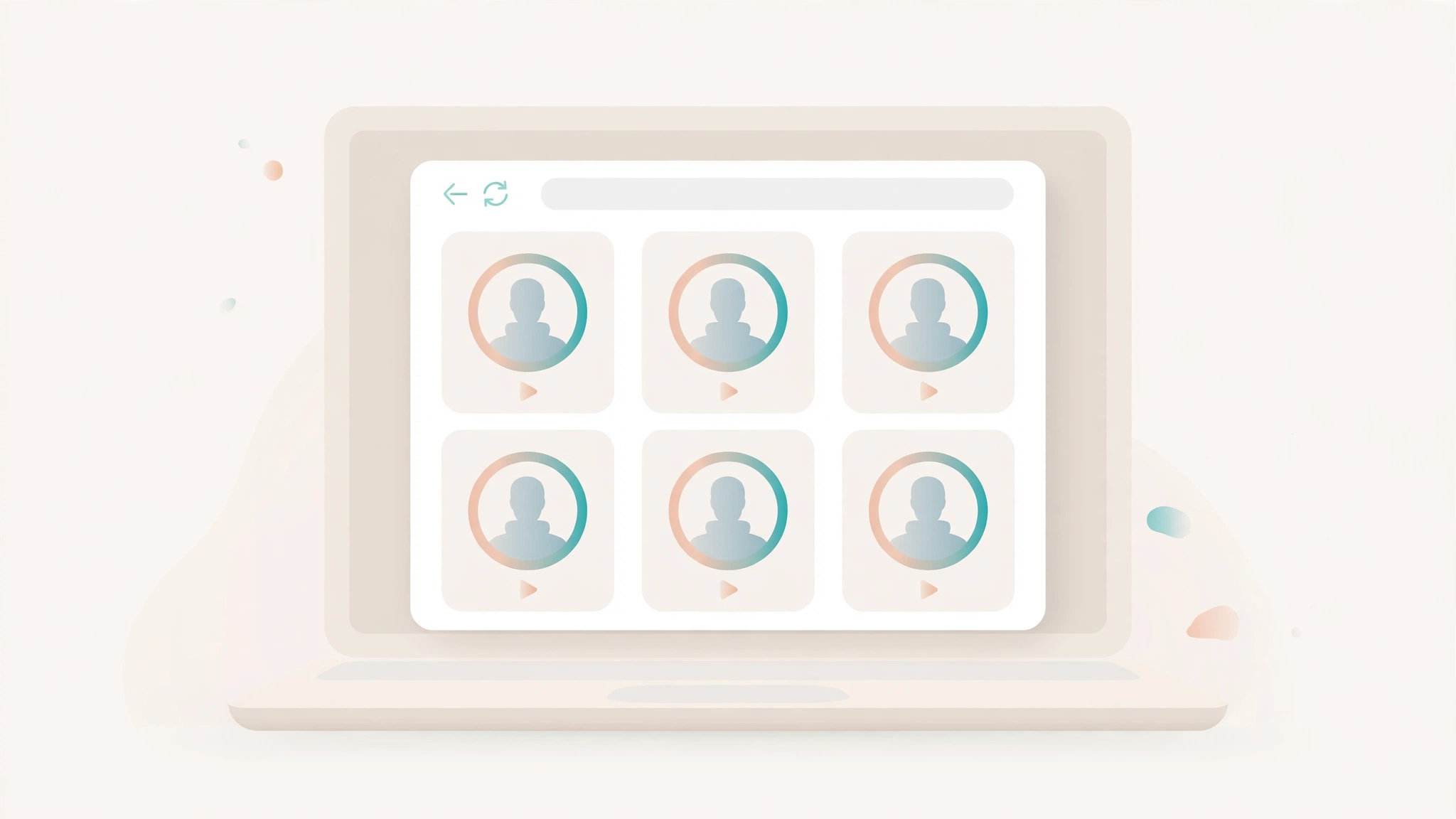 Laptop browser window showing a story viewer grid with story ring thumbnails