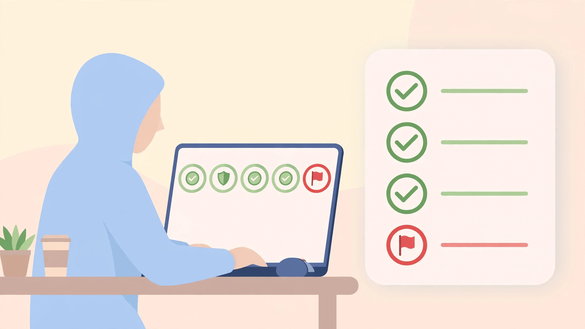 Illustration of a scam-detection safety checklist for anonymous viewer sites